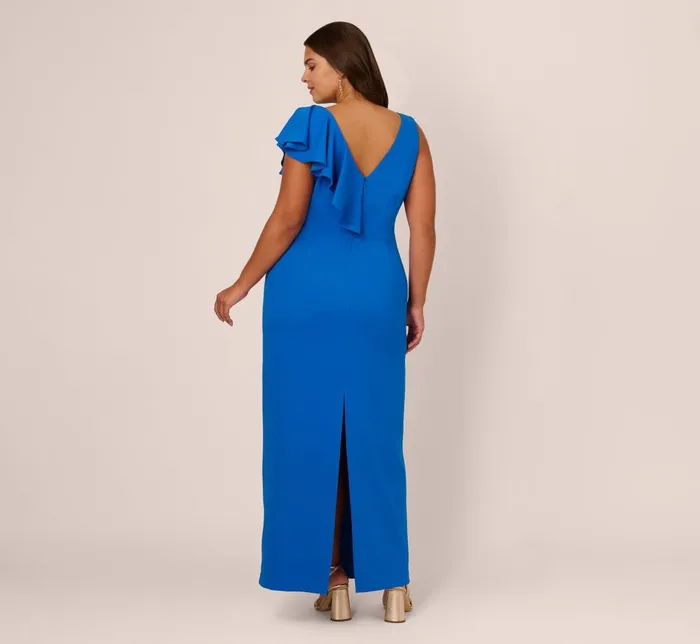 Adrianna Papell Formal Dresses Plus Size Knit Crepe Sleeveless Column Gown With Draped Accent In Cool Cobalt 8211 Women