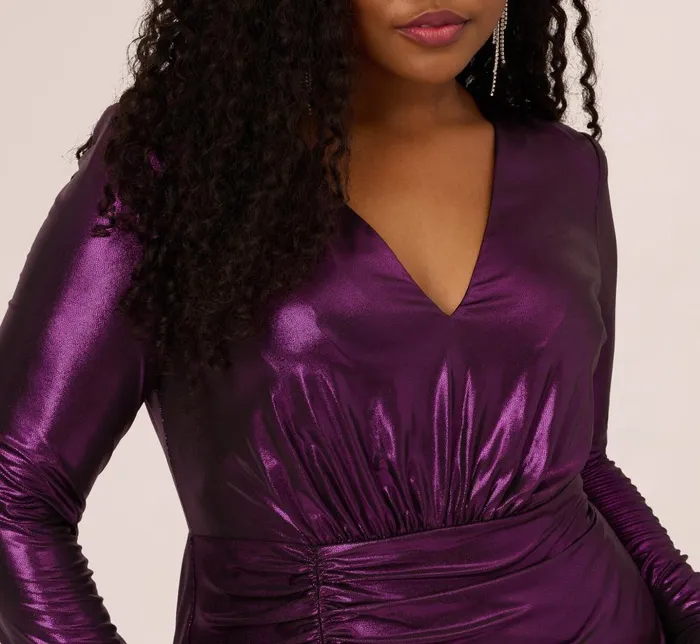 Adrianna Papell Formal Dresses Plus Size Metallic Knit Long Sleeve Asymmetrical Dress With Ruched Details In Wild Orchid 8211 Women