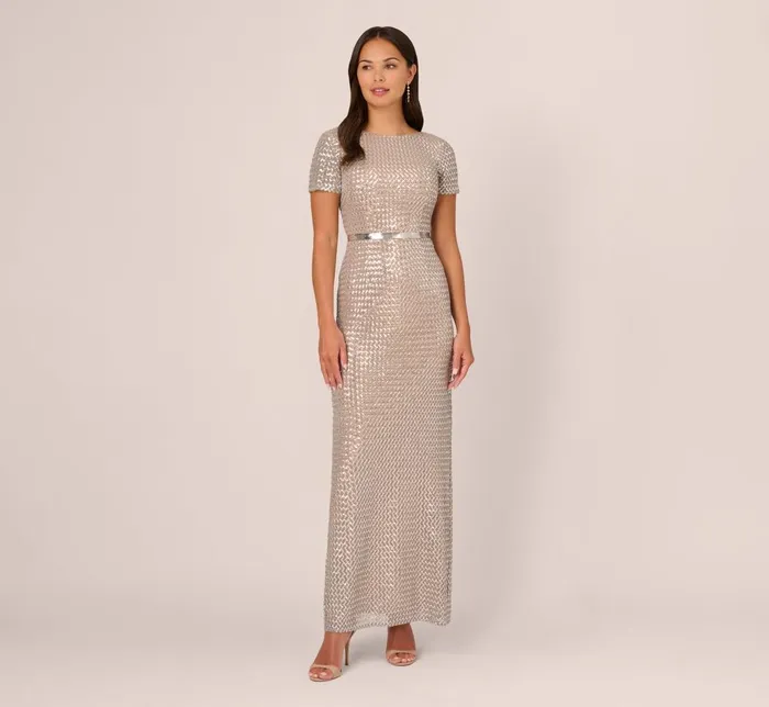 Adrianna Papell Formal Dresses Sequin Short Sleeve Column Gown With Embellished Waist In Silver Nude 8211 Women