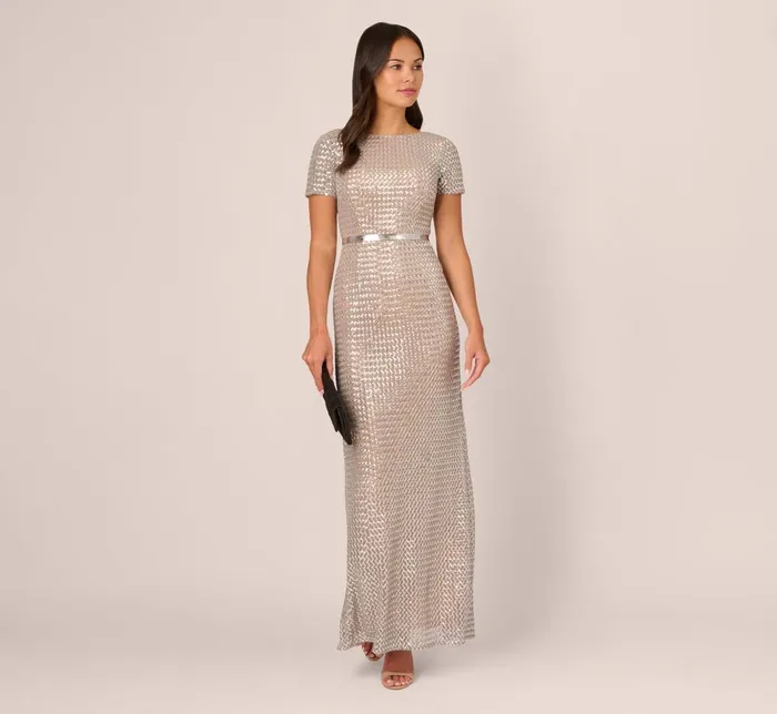 Adrianna Papell Formal Dresses Sequin Short Sleeve Column Gown With Embellished Waist In Silver Nude 8211 Women