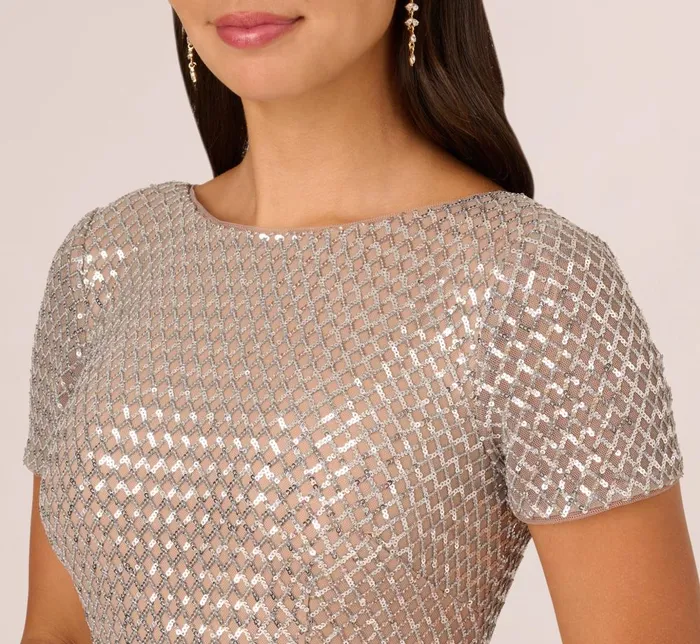 Adrianna Papell Formal Dresses Sequin Short Sleeve Column Gown With Embellished Waist In Silver Nude 8211 Women