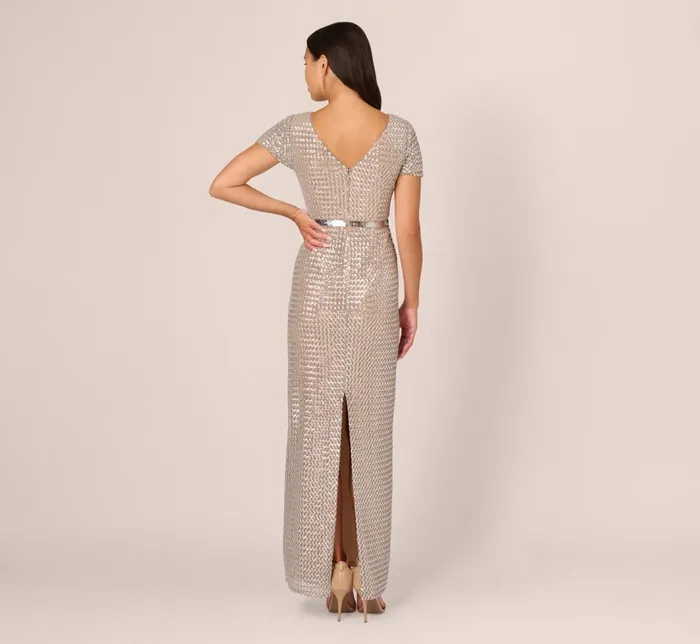 Adrianna Papell Formal Dresses Sequin Short Sleeve Column Gown With Embellished Waist In Silver Nude 8211 Women