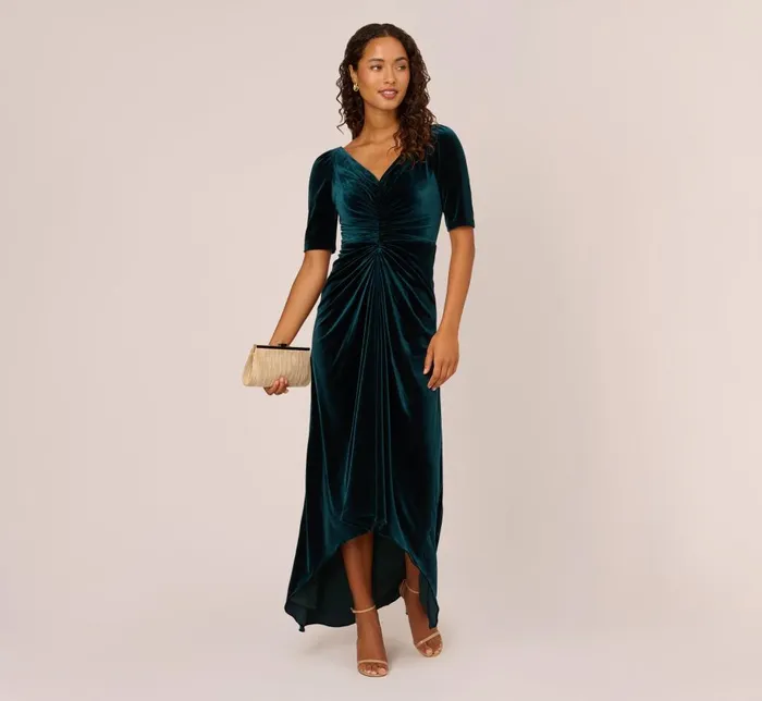 Adrianna Papell Formal Dresses Shirred Velvet Gown With ElbowLength Sleeves In Emerald 8211 Women