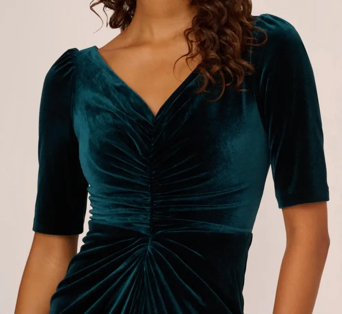 Adrianna Papell Formal Dresses Shirred Velvet Gown With ElbowLength Sleeves In Emerald 8211 Women