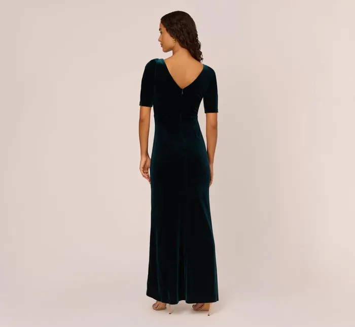 Adrianna Papell Formal Dresses Shirred Velvet Gown With ElbowLength Sleeves In Emerald 8211 Women
