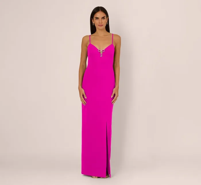 Adrianna Papell Formal Dresses Sleeveless Knit Crepe Rhinestone Bow Column Gown In Pink Flame 8211 Women