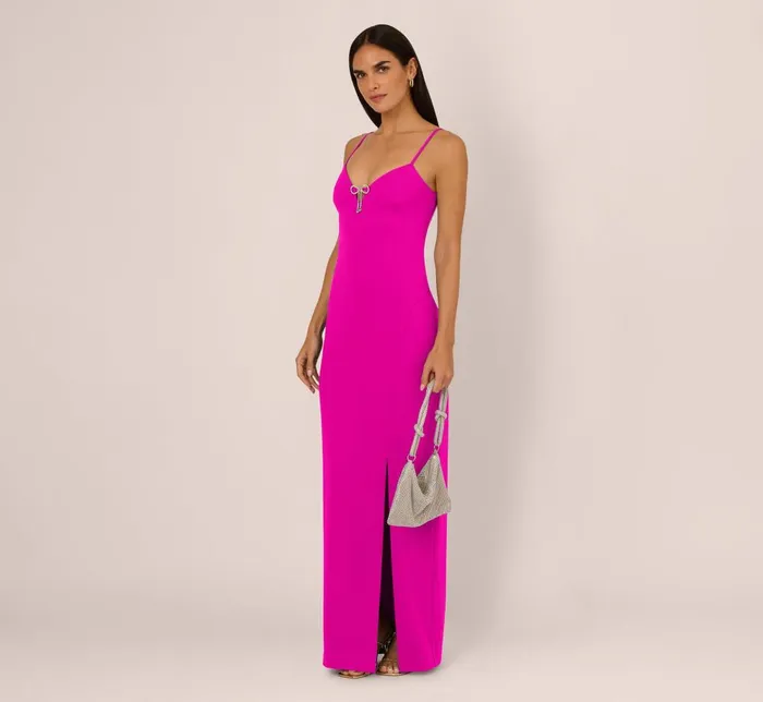 Adrianna Papell Formal Dresses Sleeveless Knit Crepe Rhinestone Bow Column Gown In Pink Flame 8211 Women