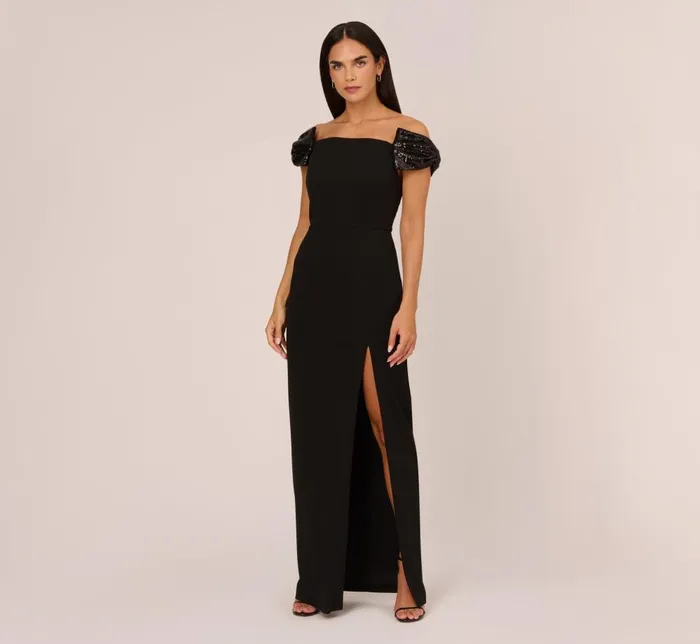 Adrianna Papell Formal Dresses Stretch Crepe Off The Shoulder Gown With Sequin Bows In Black 8211 Women Adrianna Papell Formal Dresses Stretch Crepe Off The Shoulder Gown With Sequin Bows In Black 8211 Women