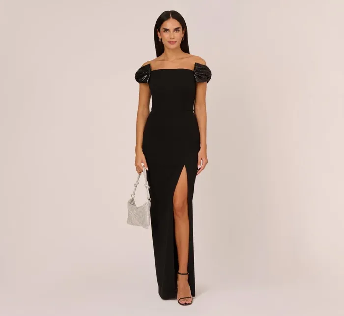 Adrianna Papell Formal Dresses Stretch Crepe Off The Shoulder Gown With Sequin Bows In Black 8211 Women