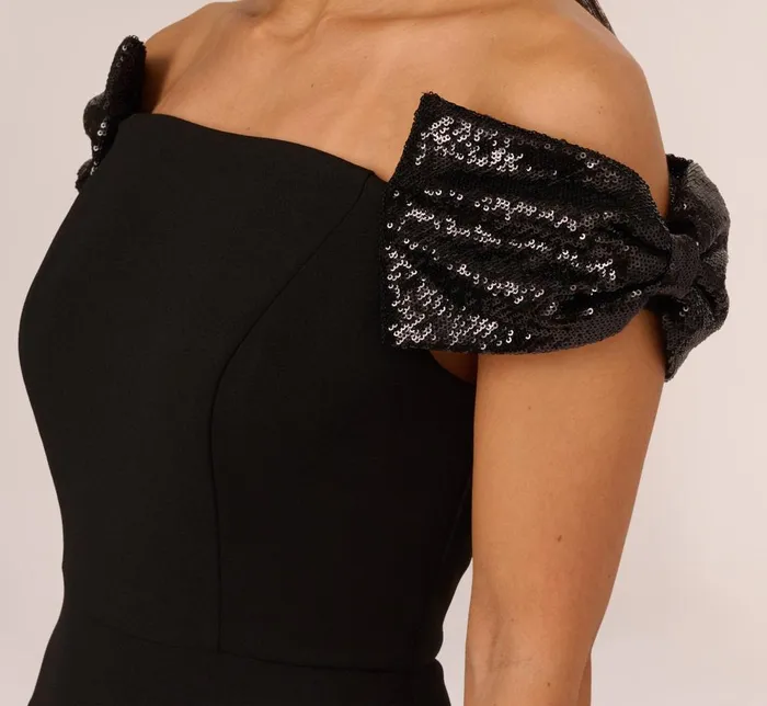 Adrianna Papell Formal Dresses Stretch Crepe Off The Shoulder Gown With Sequin Bows In Black 8211 Women