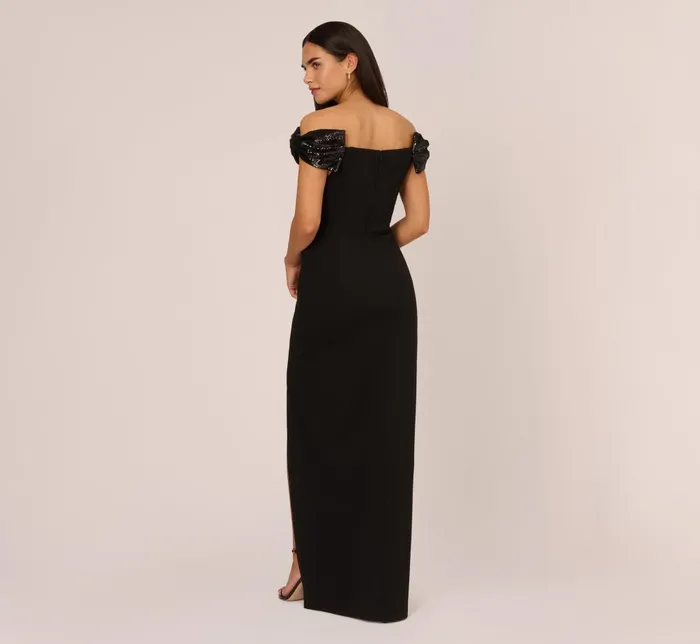 Adrianna Papell Formal Dresses Stretch Crepe Off The Shoulder Gown With Sequin Bows In Black 8211 Women