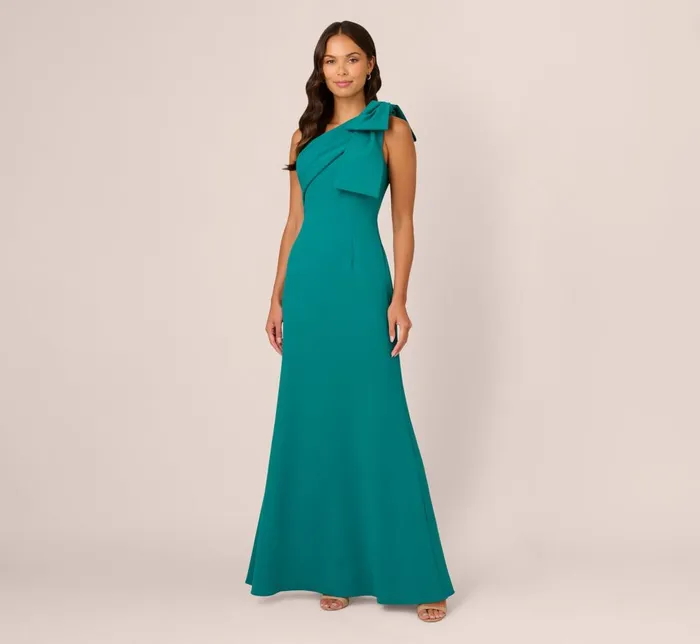 Adrianna Papell Formal Dresses Stretch Crepe One Shoulder Mermaid Gown With Bow Accent In Tempo Teal 8211 Women