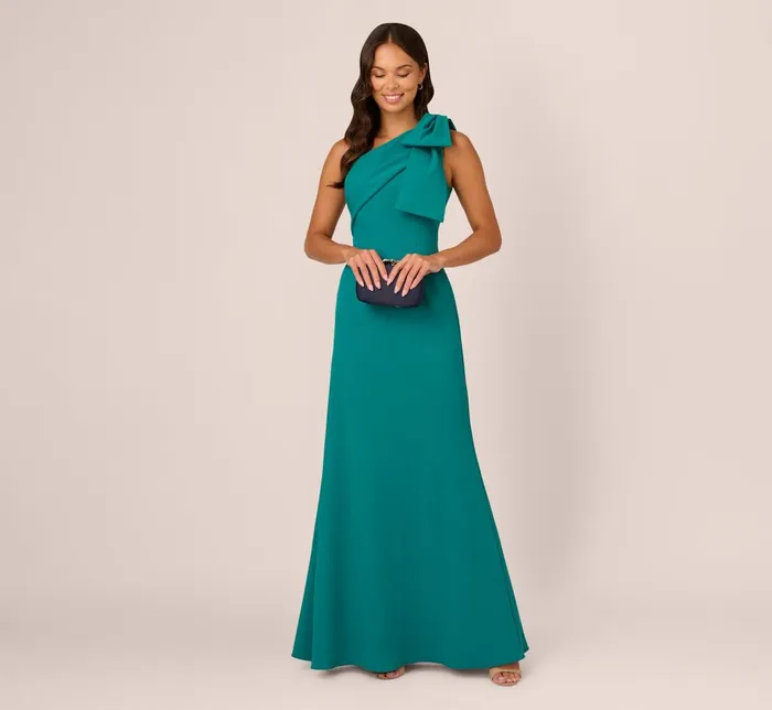 Adrianna Papell Formal Dresses Stretch Crepe One Shoulder Mermaid Gown With Bow Accent In Tempo Teal 8211 Women