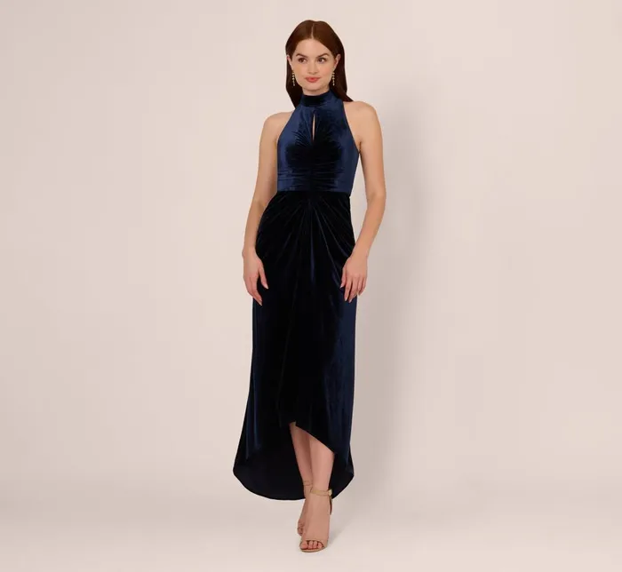Adrianna Papell Formal Dresses Velvet High Low Halter Gown With Cutout Mock Neck In Midnight 8211 Women Adrianna Papell Formal Dresses Velvet High Low Halter Gown With Cutout Mock Neck In Midnight 8211 Women