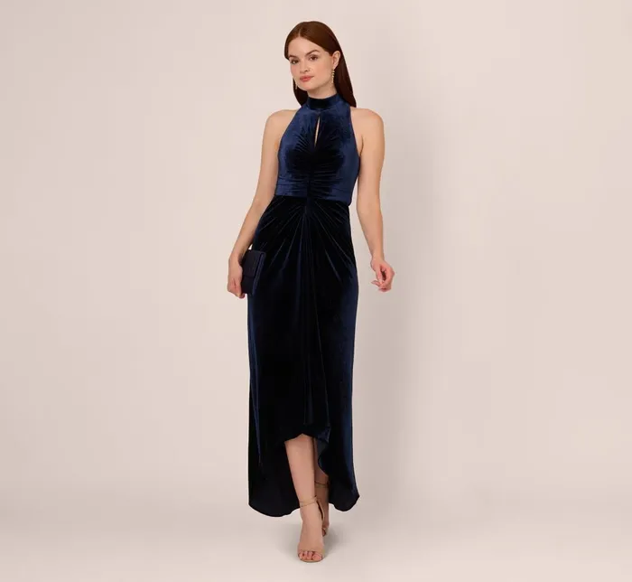 Adrianna Papell Formal Dresses Velvet High Low Halter Gown With Cutout Mock Neck In Midnight 8211 Women