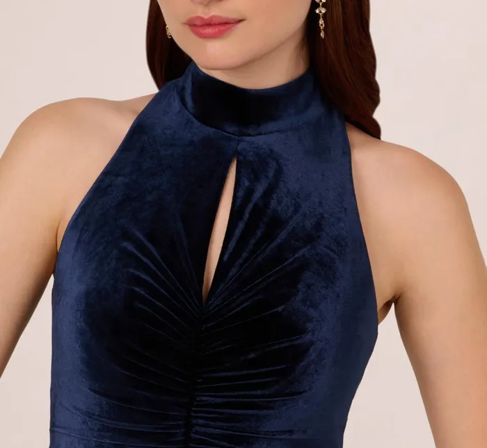 Adrianna Papell Formal Dresses Velvet High Low Halter Gown With Cutout Mock Neck In Midnight 8211 Women