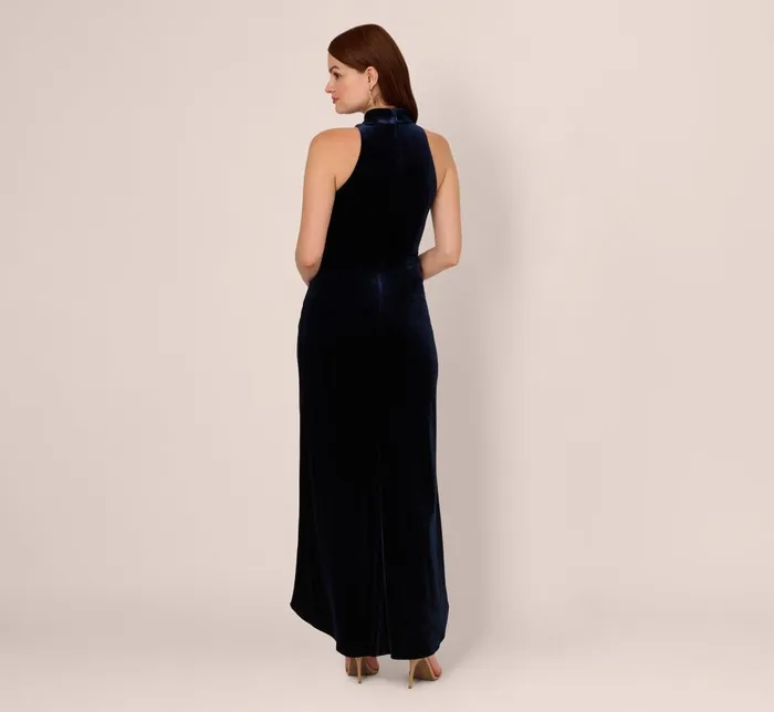 Adrianna Papell Formal Dresses Velvet High Low Halter Gown With Cutout Mock Neck In Midnight 8211 Women