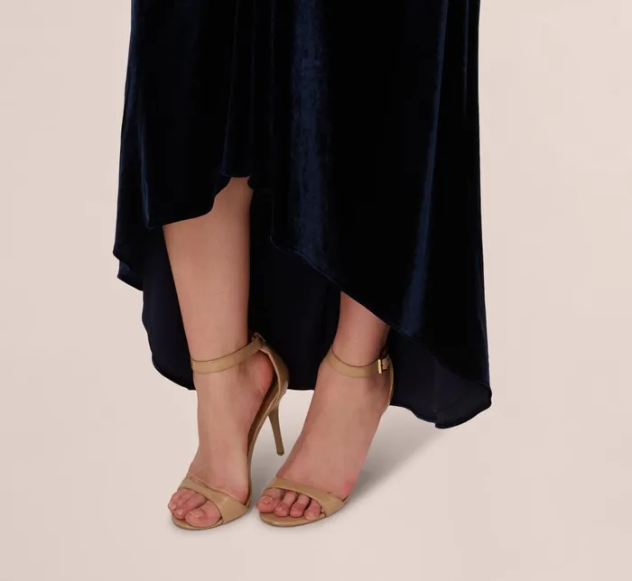 Adrianna Papell Formal Dresses Velvet High Low Halter Gown With Cutout Mock Neck In Midnight 8211 Women