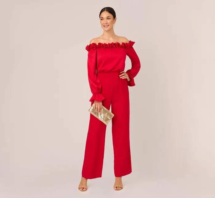 Adrianna Papell Jumpsuits Satin Crepe Blouson Jumpsuit With Rosette Trim In Hot Ruby 8211 Women