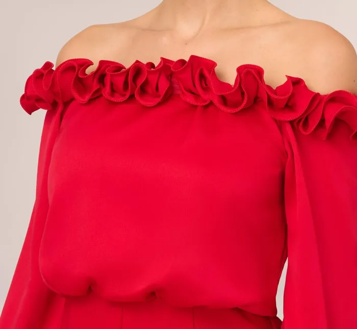 Adrianna Papell Jumpsuits Satin Crepe Blouson Jumpsuit With Rosette Trim In Hot Ruby 8211 Women