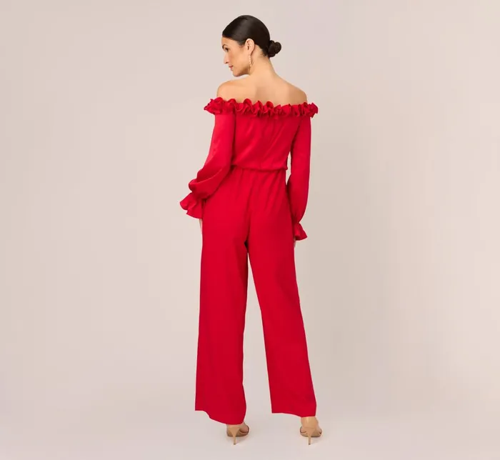 Adrianna Papell Jumpsuits Satin Crepe Blouson Jumpsuit With Rosette Trim In Hot Ruby 8211 Women