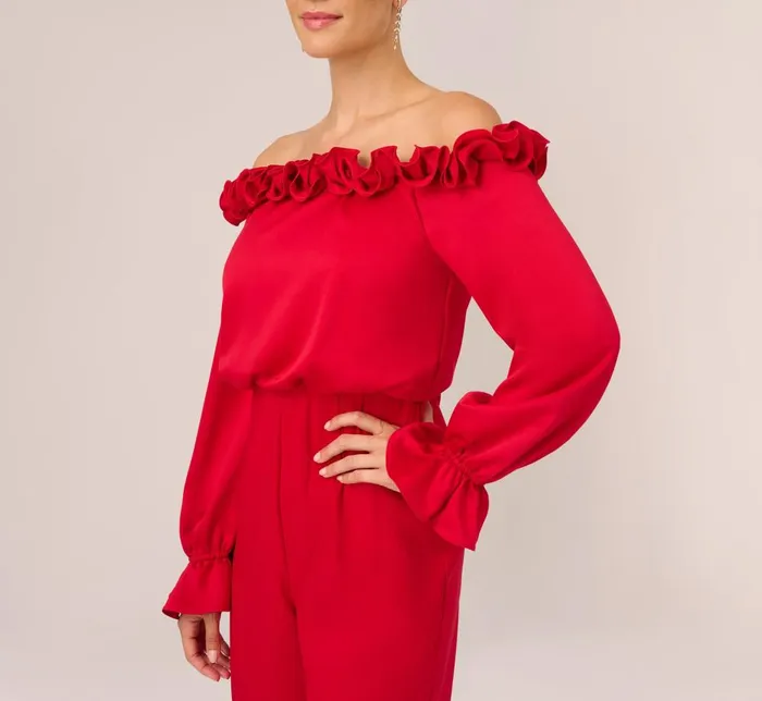 Adrianna Papell Jumpsuits Satin Crepe Blouson Jumpsuit With Rosette Trim In Hot Ruby 8211 Women