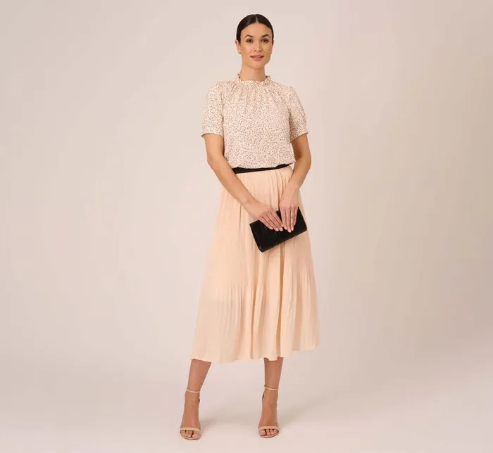Adrianna Papell Pants and Skirts Dot Print Pleated Midi Skirt In Champagne Ivory Seed Dot 8211 Women