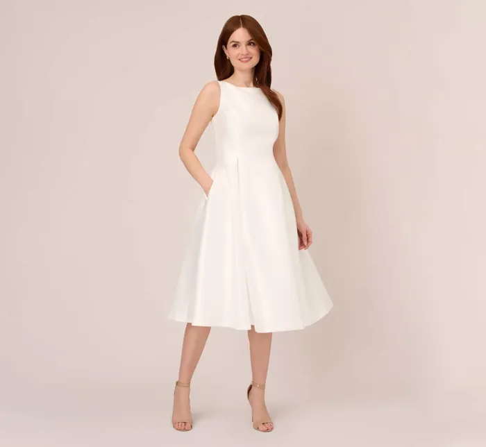 Adrianna Papell PetiteFriendly Sleeveless Mikado Fit And Flare Midi Dress With VBack In Ivory 8211 Women
