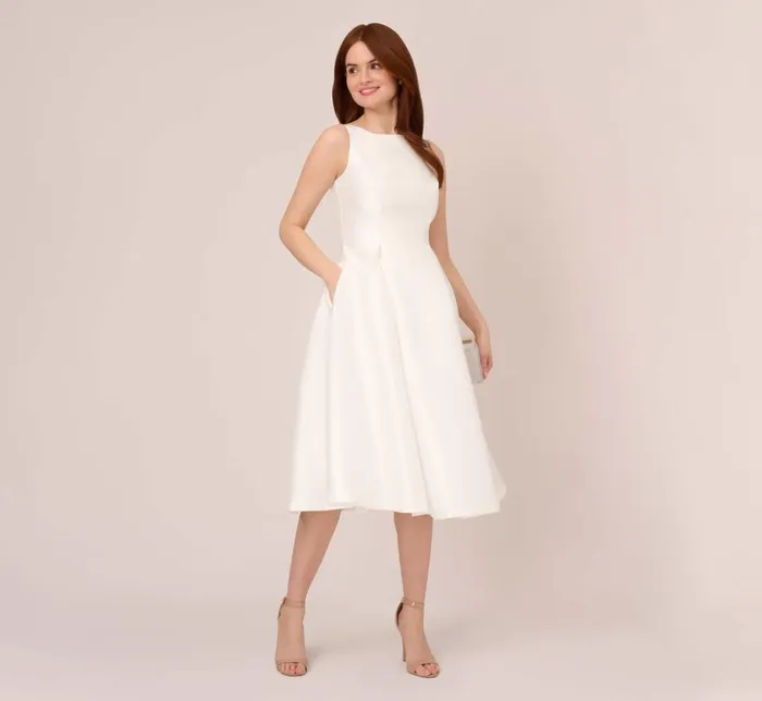 Adrianna Papell PetiteFriendly Sleeveless Mikado Fit And Flare Midi Dress With VBack In Ivory 8211 Women