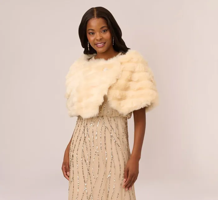 Adrianna Papell Shawls and Wraps Faux Fur Wrap With Stone Brooch In Champagne 8211 Women