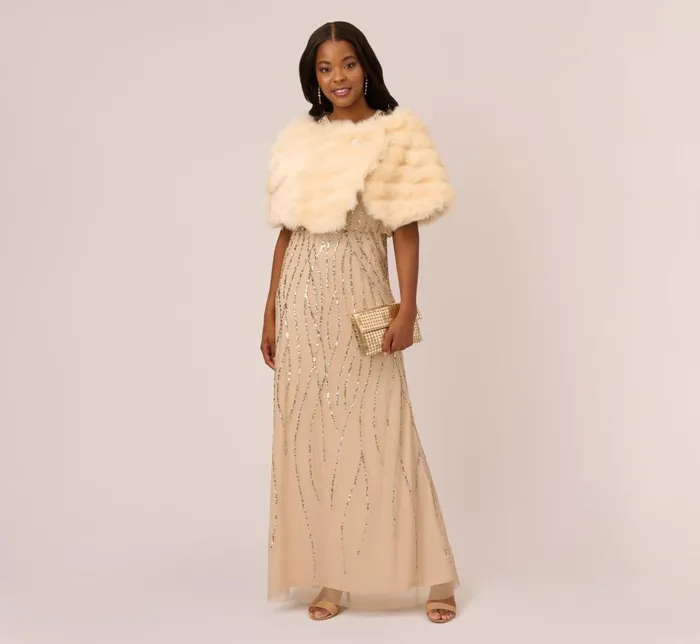 Adrianna Papell Shawls and Wraps Faux Fur Wrap With Stone Brooch In Champagne 8211 Women