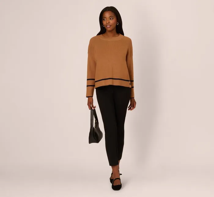 Adrianna Papell Sweaters Crew Neck Pullover Sweater With Tipped Details In Camel Bluemoon 8211 Women