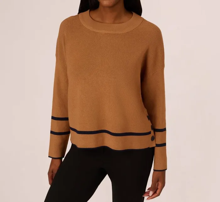 Adrianna Papell Sweaters Crew Neck Pullover Sweater With Tipped Details In Camel Bluemoon 8211 Women
