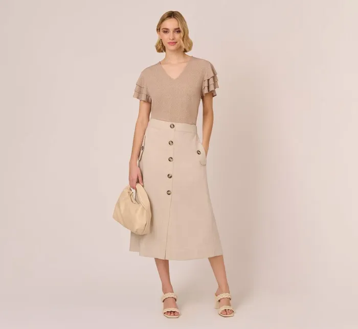 Adrianna Papell Tops and Blouses Flutter Sleeve Top With V Neckline In Cocoa Ivory Micro Dot 8211 Women