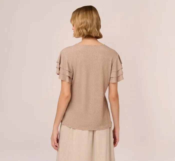 Adrianna Papell Tops and Blouses Flutter Sleeve Top With V Neckline In Cocoa Ivory Micro Dot 8211 Women