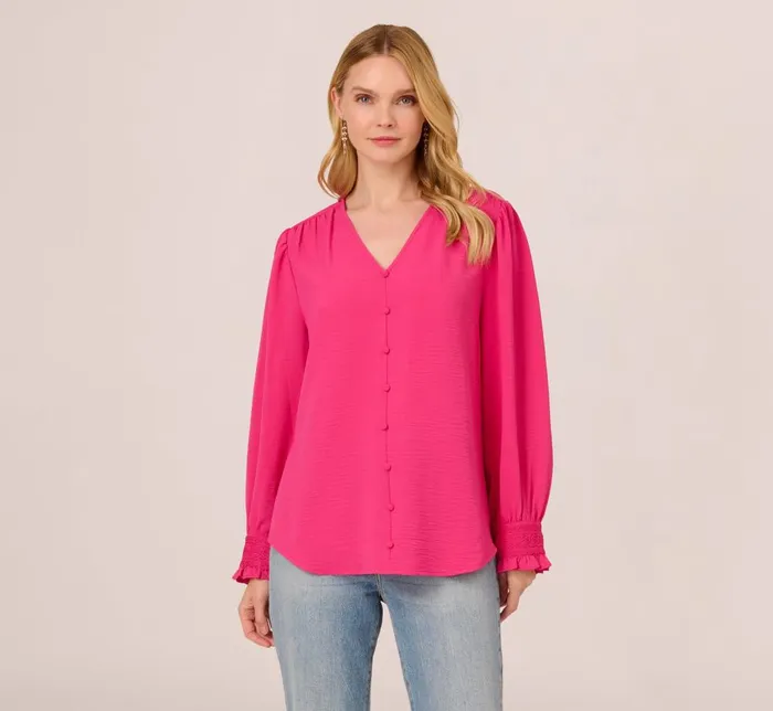 Adrianna Papell Tops and Blouses Long Sleeve Covered Button Up Top With V Neck In Hot Pink 8211 Women