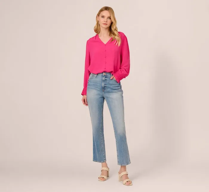 Adrianna Papell Tops and Blouses Long Sleeve Covered Button Up Top With V Neck In Hot Pink 8211 Women