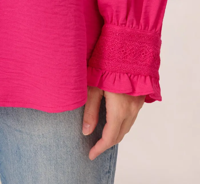 Adrianna Papell Tops and Blouses Long Sleeve Covered Button Up Top With V Neck In Hot Pink 8211 Women