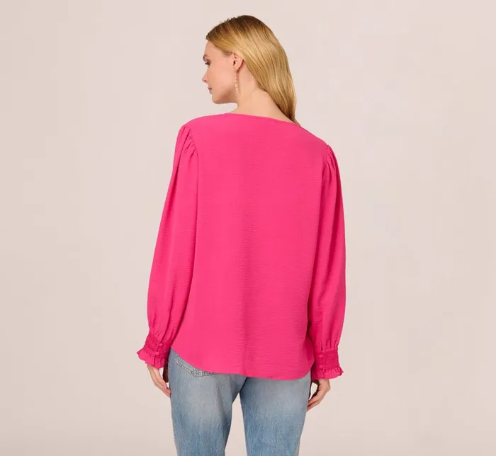 Adrianna Papell Tops and Blouses Long Sleeve Covered Button Up Top With V Neck In Hot Pink 8211 Women