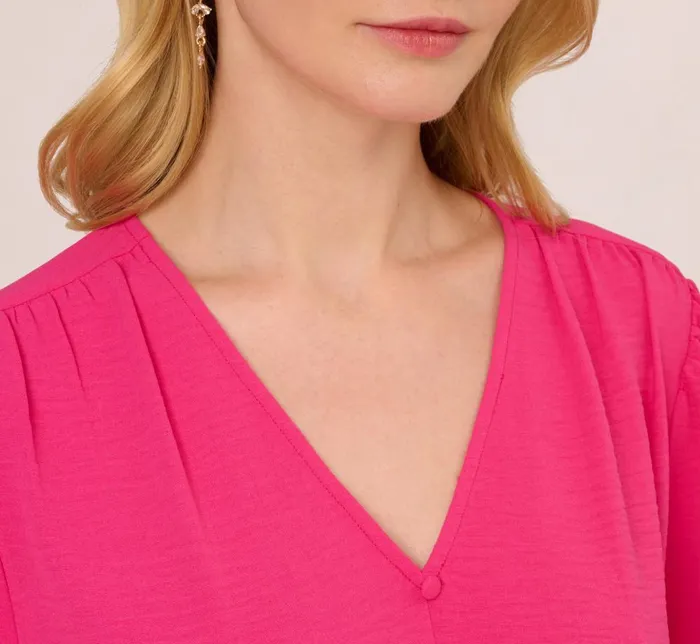 Adrianna Papell Tops and Blouses Long Sleeve Covered Button Up Top With V Neck In Hot Pink 8211 Women