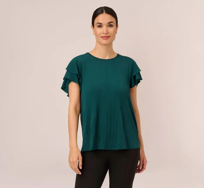 Adrianna Papell Tops and Blouses Printed Top With Double Ruffle Short Sleeves In Evergreen 8211 Women