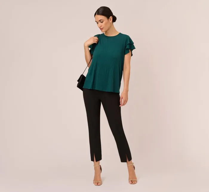 Adrianna Papell Tops and Blouses Printed Top With Double Ruffle Short Sleeves In Evergreen 8211 Women