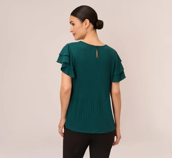 Adrianna Papell Tops and Blouses Printed Top With Double Ruffle Short Sleeves In Evergreen 8211 Women
