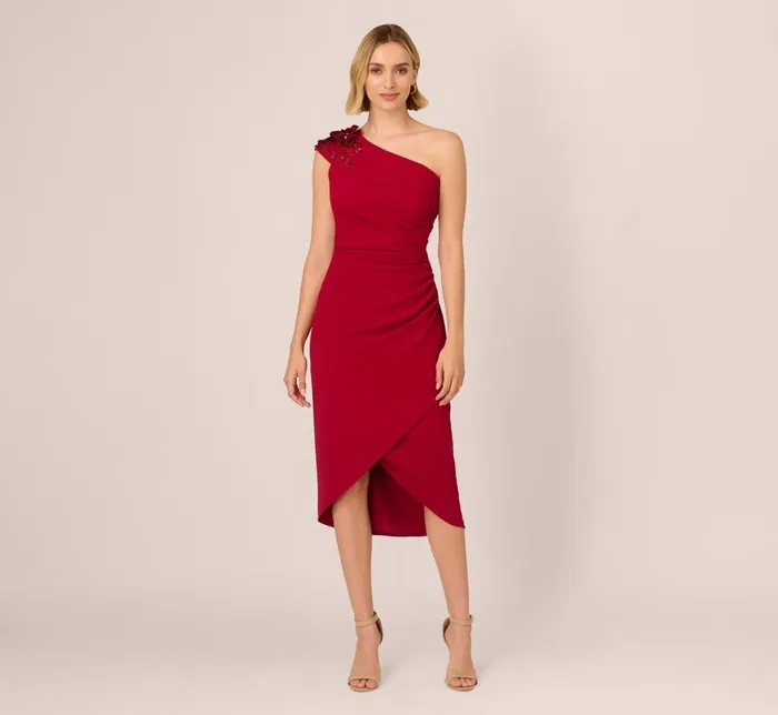 Adrianna Papell Wedding Guest Dresses Beaded Crepe One Shoulder Wrap Dress In Cranberry 8211 Women