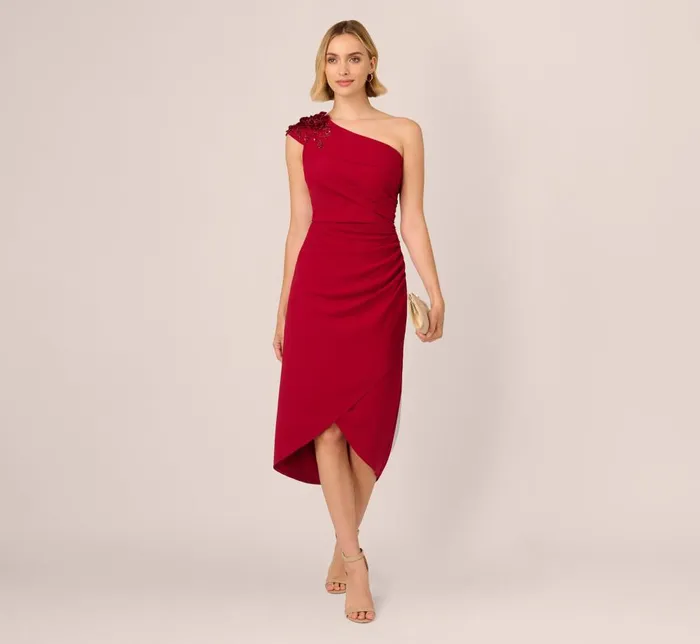 Adrianna Papell Wedding Guest Dresses Beaded Crepe One Shoulder Wrap Dress In Cranberry 8211 Women
