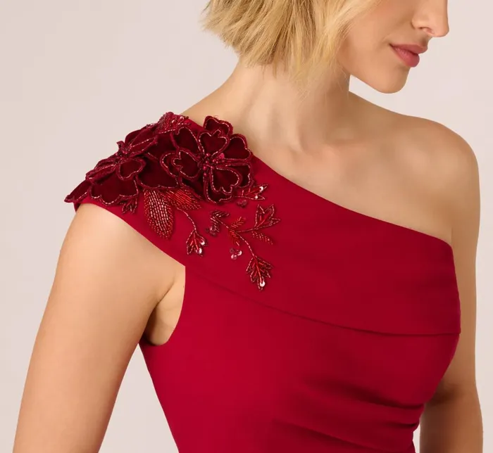 Adrianna Papell Wedding Guest Dresses Beaded Crepe One Shoulder Wrap Dress In Cranberry 8211 Women