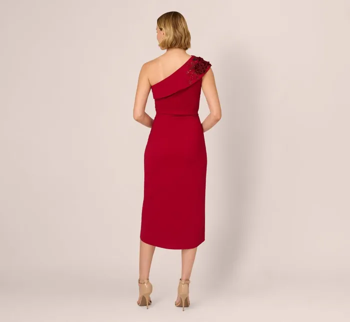 Adrianna Papell Wedding Guest Dresses Beaded Crepe One Shoulder Wrap Dress In Cranberry 8211 Women