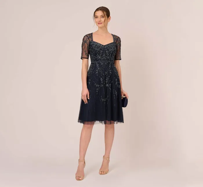 Adrianna Papell Wedding Guest Dresses Beaded Midi Dress With Sheer Short Sleeves In Midnight 8211 Women