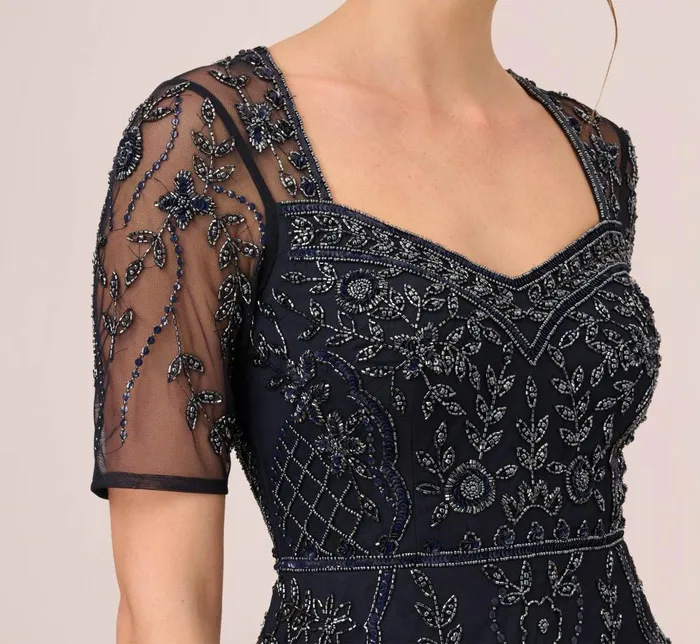 Adrianna Papell Wedding Guest Dresses Beaded Midi Dress With Sheer Short Sleeves In Midnight 8211 Women