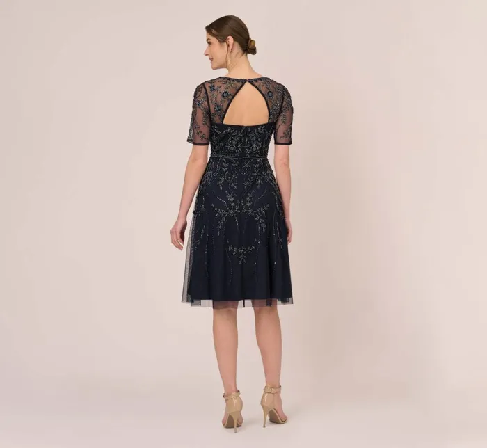 Adrianna Papell Wedding Guest Dresses Beaded Midi Dress With Sheer Short Sleeves In Midnight 8211 Women